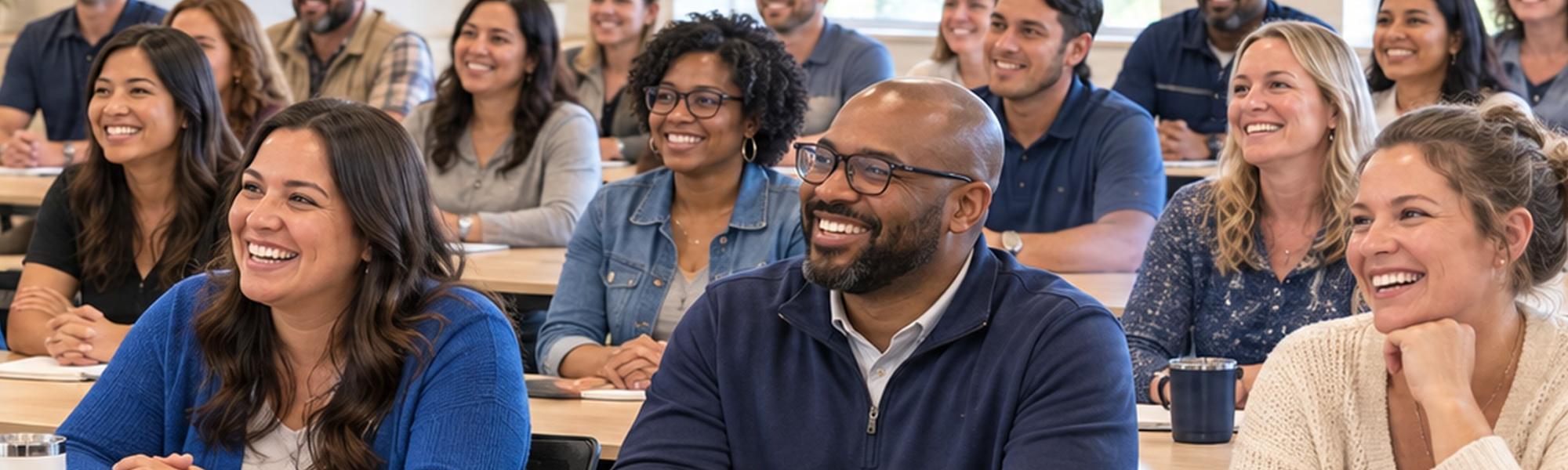 Illustration of employees gathered in a bright classroom for a workplace campaign presentation.